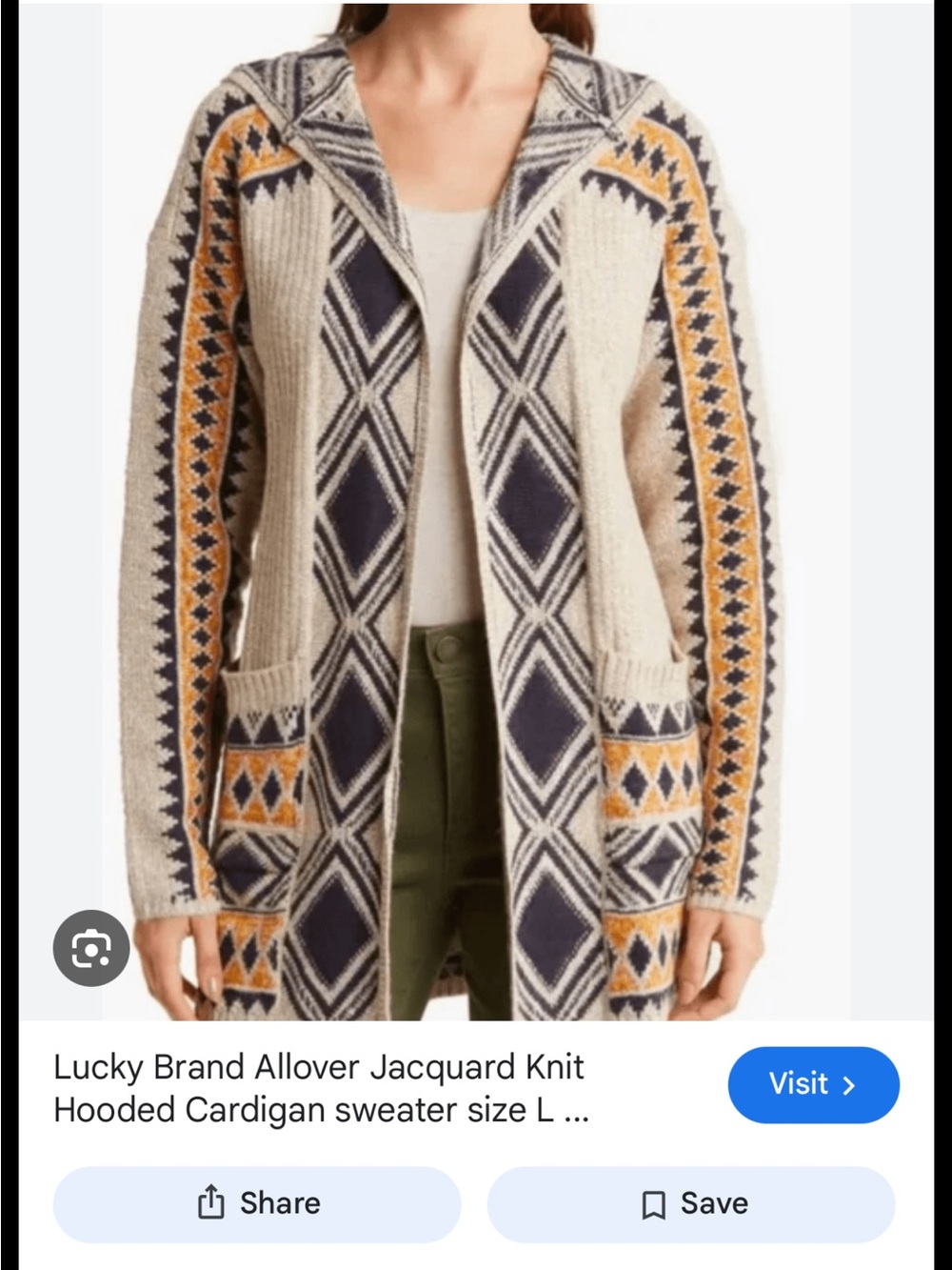Lucky Brand Beige Navy and Mustard Geometric Hooded Cardigan